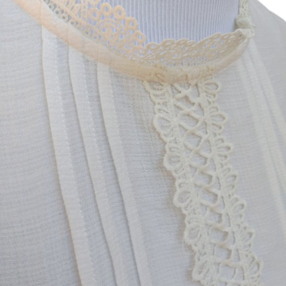 Blu Pepper Ivory Blouse High Neck 3/4 Sleeves Lace Trim Modest - Picture 4 of 10